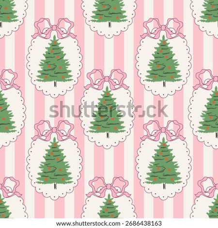 Seamless Christmas pattern with cute decorative frames, bows, and festive trees. Retro coquette style print with elegant vintage charm. Holiday ornament for fabric, wrapping paper. Vector illustration
