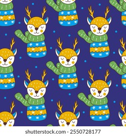 Seamless Christmas pattern with cute deer in green scarf and winter sweater with snowflakes on blue background. Colorful vector illustration hand drawn doodle. New Year time, holiday vibe