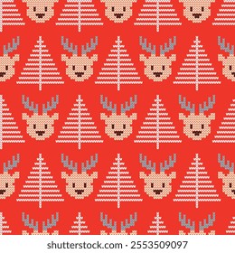 Seamless Christmas Pattern Cute Deers And Pines On Red Background. Knitted Pixel Embroidery Effect. Wrapping Paper, Textile, Fabric. Vector illustration