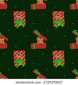 Patrón de Navidades sin fisuras con perros lindos en cajas de regalo sobre fondo verde oscuro, perfecto para envolver papel, tarjetas, tela, embalaje y Web.