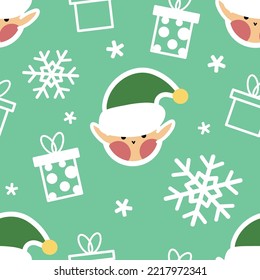 Seamless Christmas pattern with cute elves, snowflakes and gift boxes. Cartoon characters on xmas. Great for stationery, gift wrap, Christmas decor, home decor, invitations, backdrop, textile