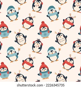 Patrón de navidad sin foco con pingüinos festivos adorables