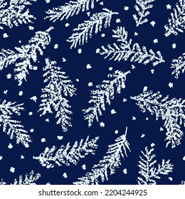 Seamless Christmas pattern of cute fir branches. Like child hand drawing cartoon tree pine and falling snow. Crayon, pastel chalk, pencil kid painting flat funny doodle simple vector stroke background