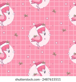 Seamless Christmas pattern with cute flamingo in Santa hat on pink checkered background. Cool Xmas holiday cartoon kawaii bird character. Vector illustration