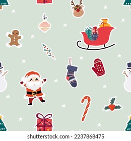 Seamless Christmas Pattern with Cute Flat Hand-drawn Items. Holliday Xmas and Happy New Year Elements. Decorative Background for Fabric, Wrapping Paper, Card, Invitation, Wallpaper, Web Design.