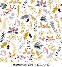 Seamless christmas pattern with cute flowers in cartoon style