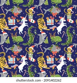 Seamless Christmas pattern with cute funny animals - tiger, unicorn, leopard, frog and shark