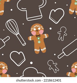 Seamless Christmas pattern with cute gingerbread man and bakery equipment. Cartoon characters on xmas. Great for stationery, gift wrap, Christmas decor, home decor, invitations, backdrop, textile