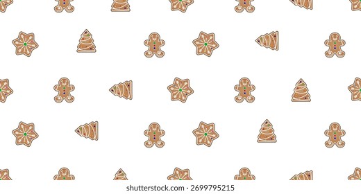  Patrón de Navidades sin fisuras con el hombre lindo del jengibre, el árbol, y las galletas de la estrella. Diseño festivo de comida de vacaciones sobre fondo blanco.