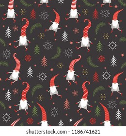 Seamless Christmas pattern ,cute Christmas gnomes in red hats