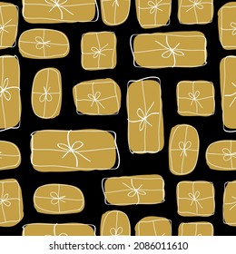 Seamless Christmas pattern. cute golden gifts on a black background. fashionable print for textiles, wallpaper and packaging.