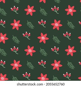 Seamless Christmas pattern with cute hand drawn poinsettia, berries and spruce branches. Minimalist winter floral texture. Vector background for wrapping paper, print, gift, fabric, textile, wallpaper
