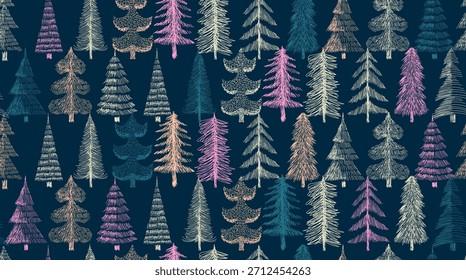 Patrón de Navidades sin fisuras con lindos árboles de Navidad dibujados a mano. Patrón de Navidades con árbol en azul. Saludo de temporada, pinos. Diseño para moda, tela, textil, Fondo de pantalla, envoltura, todos los estampados.