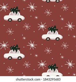 
Seamless Christmas pattern. Cute holiday illustration of a car with a Christmas tree. Red background. Ideal for fabrics, holiday packaging, cards, posters and backgrounds