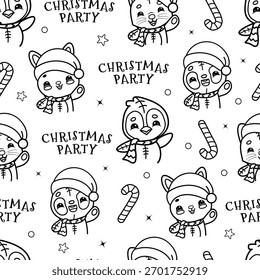 Seamless Christmas pattern with cute kawaii animals, fun coloring page for kids	