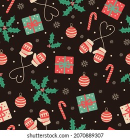 Seamless Christmas pattern. cute mittens, caramel and gifts, snowflakes on a brown background. vector texture. retro print for textiles and packaging.