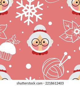 Seamless Christmas pattern with cute Mrs. Santa Claus, flowers, cupcakes, yarn and snowflakes. Cartoon characters on xmas. Great for stationery, gift wrap, Christmas decor, home decor, invitations