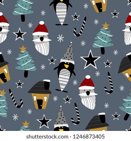 Seamless christmas pattern with cute penguin, tree, and santa claus drawing vector illustration.