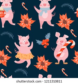 Seamless Christmas pattern with cute pigs, poinsettia, holly leaves and lollipop. Vector illustration for textile, postcard, wrapping paper, poster, background, book, t-shirt.