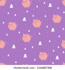 Seamless Christmas pattern with cute pink piglets and baud trees in white snow with soaring snowflakes in the air on a bright purple square