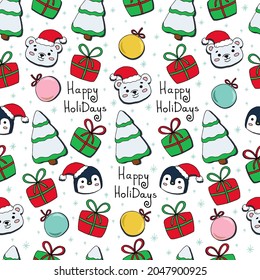 Seamless Christmas pattern with cute polar bear, penguin, gifts and Christmas tree with decorations. Text: Happy holiday! A vector image. Children's illustration for background and wrapping paper