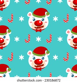 Seamless Christmas pattern cute polar bear, candy cane and snowflake