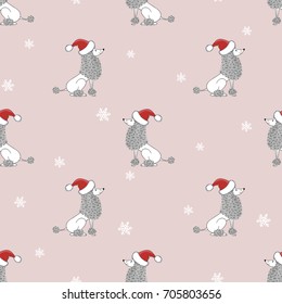 Seamless Christmas pattern with cute poodle dogs. Vector holiday background.