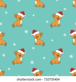 Seamless Christmas pattern with cute puppies in Santa hats. Vector holiday background.