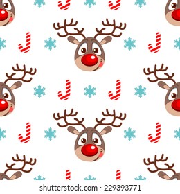 Seamless Christmas pattern cute reindeer, candy cane and snowflake
