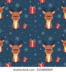 Seamless Christmas pattern with cute reindeer, gifts and snowflakes