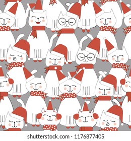 Seamless Christmas pattern with cute santa cats