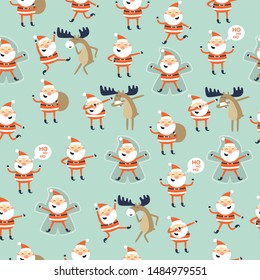 Seamless christmas pattern with cute Santa Claus and moose in cartoon style