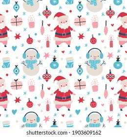 Seamless Christmas pattern with cute Santa clause, decorations, snowflakes, snowman and boxes.Vector illustration