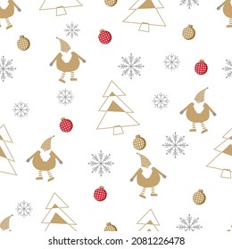 Seamless Christmas pattern with cute Santa, tree, ball decoration and snowflakes, paper wrap gif Christmas.