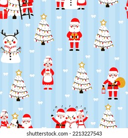 Seamless christmas pattern with cute santa and snowman, christmas tree on blue background for wrapping paper or textile print, winter wallpaper for kids