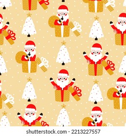 Seamless christmas pattern with cute santa and christmas tree on yellow background for wrapping paper or textile print, winter wallpaper for kids