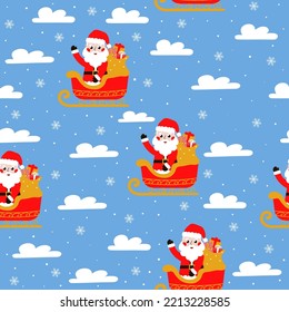 Patrón de navidad sin foco con linda santa claus volando en trineo sobre fondo azul para envolver papel o huella textil, papel de pared de invierno para niños