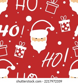 Seamless christmas pattern with cute santa and gift box. Cartoon characters on xmas. Great for stationery, gift wrap, Christmas decor, home decor, invitations, backdrop, textile