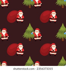 Seamless Christmas pattern with cute Santa Claus character with red bag with gifts and Christmas tree on a dark red background. Decorative winter ornament.