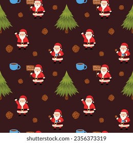 Seamless Christmas pattern with cute Santa Claus character with cup of tea, hot chocolate, cookies and Christmas tree on a dark red background. Decorative winter ornament. Merry Christmas wooden sign