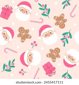 Seamless christmas pattern with cute Santa Claus and gingerbread. Vector design template. Happy New Year pattern. Season greeting.