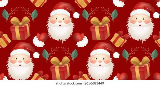 Patrón de Navidades sin fisuras con caras lindas de Santa, regalos, mitones y hojas de acebo. Estilo festivo de dibujos animados en rojo, oro y verde. Perfecto para envolver papel, textiles, embalaje y decoración navideña.
