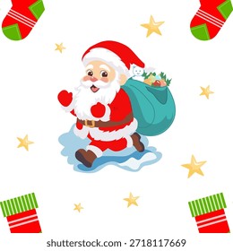 Seamless Christmas pattern with cute Santa Claus, stockings, stars, and holiday elements. Perfect for kids decor, wrapping paper, textiles, and 2025 festive designs