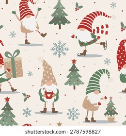 Seamless Christmas pattern with cute Scandinavian gnomes, snowflakes, holly, gifts, skates, cocoa, and decorated trees in playful winter holiday scenes.
