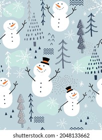 Seamless Christmas pattern with cute snowman and tree