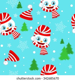 Seamless Christmas pattern with cute snowman, red Santa hats, pine trees and snowflakes