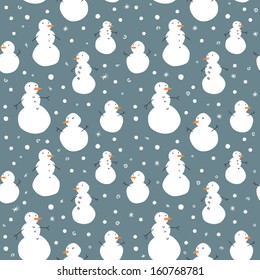 Seamless christmas pattern with cute snowmans on dark background