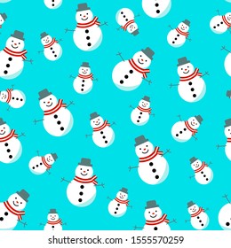 Seamless Christmas pattern. Cute snowmen on blue background. Happy New Year and Merry Xmas endless gift template. Winter holidays wrapping design. Vector illustration.