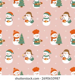 Patrón de Navidades sin fisuras con muñecos de nieve lindos que sostienen tazas, galletas y árboles de Navidad sobre fondo rosa suave. Ilustración festiva acogedora perfecta para envolver papel, tela, tarjetas de felicitación e invierno 