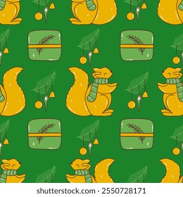 Seamless Christmas pattern with cute squirrel in striped scarf, festive gift box and spruce twig with new year toys. Winter season, Christmas time. Colorful vector illustration hand drawn doodle